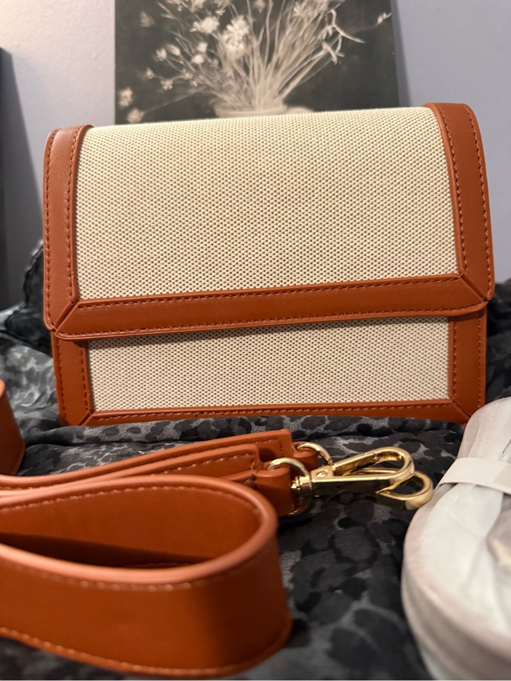 Canvas Crossbody Bag with Tan Leather Trim